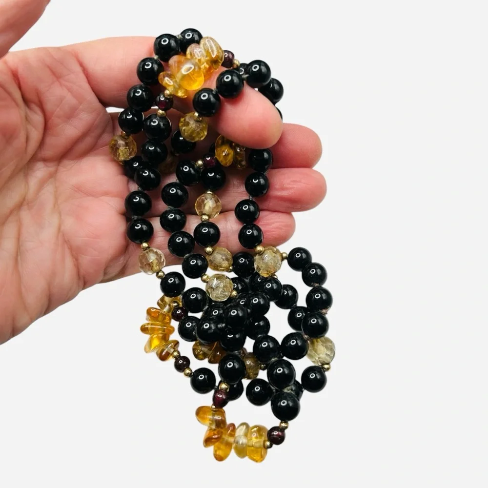 Vintage Black Onyx Citrine Garnet and 14K Gold Bead Long Necklace